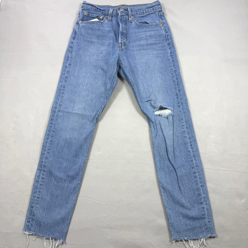 Levis 501 Skinny Jeans Womens 27x28 Medium Wash Distressed Raw Hem Button Fly